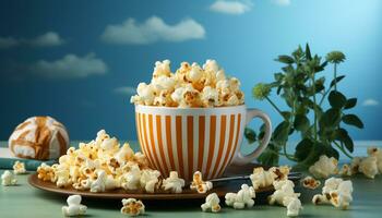 ai généré Frais Popcorn, sucré bonbons, et une rafraîchissant boisson sur table généré par ai photo