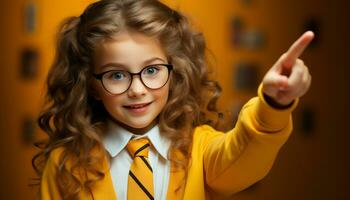 ai généré souriant enfant, mignonne portrait, de bonne humeur fille à la recherche à caméra généré par ai photo