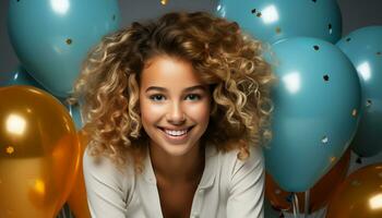 ai généré souriant femme détient coloré ballon, célébrer anniversaire avec joie généré par ai photo