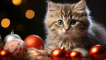 ai généré mignonne chaton séance, regarder à caméra, entouré par Noël décorations généré par ai photo