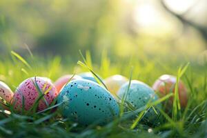 ai généré coloré Pâques des œufs sur le herbe photo