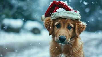 ai généré charmant chiot dans une Noël chapeau, peu profond profondeur de champ photo