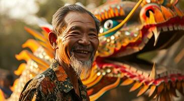ai généré homme souriant avec une énorme dragon décoration photo