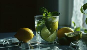 ai généré chaux, menthe et citrons de une verre photo