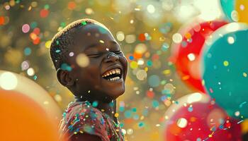 ai généré enfant en riant avec des ballons et coloré confettis photo