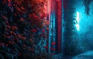 ai généré néon lumière et fleurs avec des portes et les plantes photo