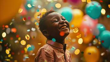 ai généré enfant en riant avec des ballons et coloré confettis photo