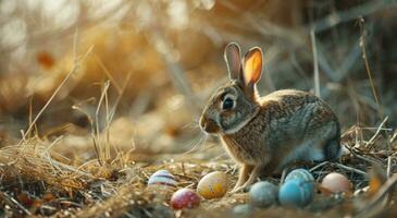 ai généré Pâques lapin dans le champ avec coloré des œufs photo