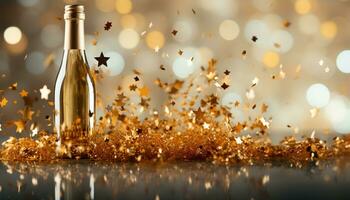 ai généré embrasé Champagne bouteille, confettis, fête une nuit de luxe généré par ai photo