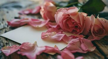 ai généré rose Rose pétales avec une Vide pièce de papier, salutation carte et une rose carte avec rose des roses photo