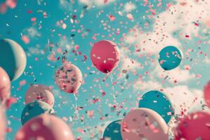 ai généré rose et bleu des ballons étant libéré photo