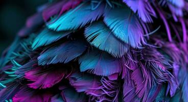 ai généré certains coloré plumes sur Haut de une noir Contexte photo