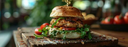 ai généré le frit Burger séance sur bois dans une en bois table photo