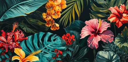ai généré tropical fleurs peint sur noir Contexte photo