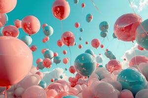 ai généré rose et bleu des ballons étant libéré photo