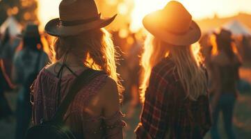 ai généré femmes à la musique Festival dans été le coucher du soleil photo