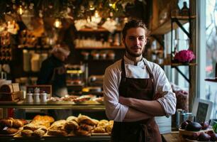 ai généré Jeune restaurant affaires ouvrier dans une professionnel affaires robe dans de face de boulangerie photo