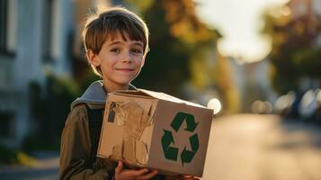 ai généré garçon en portant une papier carton boîte avec le recycler symbole photo