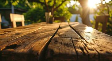 ai généré en bois table Haut sur paysage Contexte dans floue lumière du soleil photo