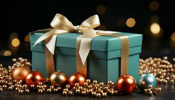 ai généré une embrasé or boîte, enveloppé dans vibrant Noël décoration généré par ai photo