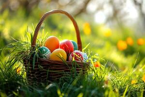 ai généré coloré Pâques des œufs dans panier dans herbe photo