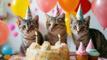 ai généré mignonne content chats avec une anniversaire gâteau célébrer à une anniversaire fête photo