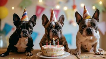 ai généré mignonne content chiot chiens avec une anniversaire gâteau célébrer photo