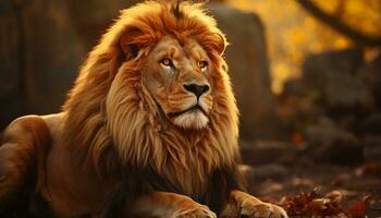 ai généré majestueux Lion repos, à la recherche à caméra, dans tranquille savane généré par ai photo