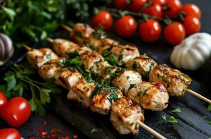 ai généré poulet brochettes et persil sur des bâtons sur une en bois table photo