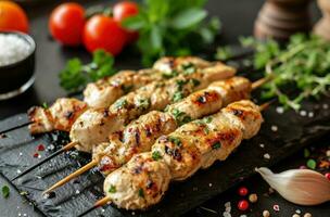 ai généré poulet brochettes et persil sur des bâtons sur une en bois table photo