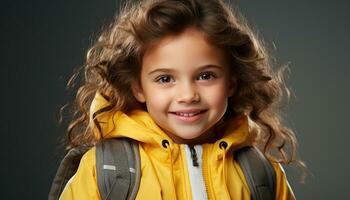 ai généré souriant enfant, portrait de mignonne fille, à la recherche à caméra généré par ai photo