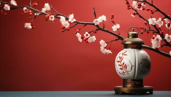 ai généré Cerise fleur branche dans antique vase, symbolisant Japonais culture généré par ai photo