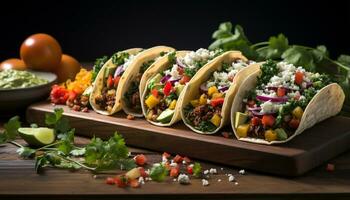 ai généré gourmet fait maison taco bœuf, tomate, guacamole, coriandre, et fromage généré par ai photo