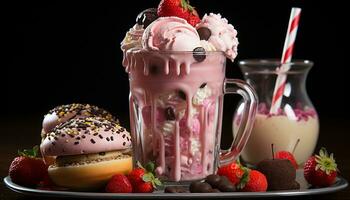 ai généré Frais fraise dessert avec Chocolat et framboise sur une assiette généré par ai photo