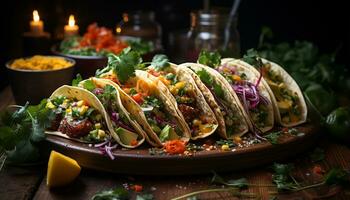 ai généré grillé du boeuf taco avec guacamole, Frais tomate, et coriandre généré par ai photo