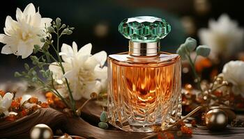 ai généré luxe parfum bouteille, parfumé fleur, élégance dans la nature beauté généré par ai photo