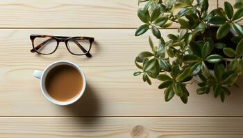 ai généré café tasse sur en bois bureau avec plante et livre généré par ai photo