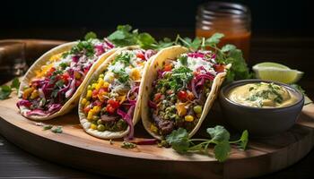 ai généré grillé du boeuf taco avec Frais guacamole sur une tortilla généré par ai photo