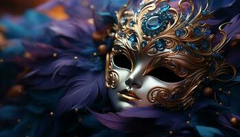 ai généré élégant masque, d'or plumes, mystérieux beauté à Vénétie carnaval généré par ai photo