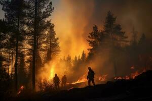 ai généré quatre sapeurs pompiers marcher par une forêt avec flammes photo