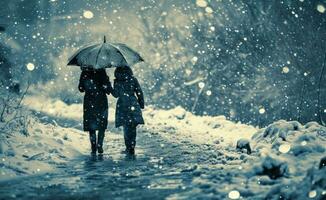 ai généré couple en marchant main dans main dans pluvieux journée avec parapluie dans pluie photo