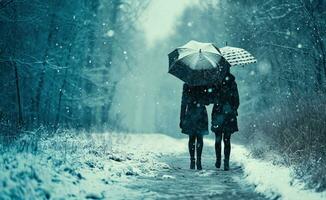 ai généré couple en marchant main dans main dans pluvieux journée avec parapluie dans pluie photo