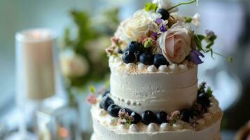 ai généré blanc mariage gâteau avec fleurs et myrtilles photo