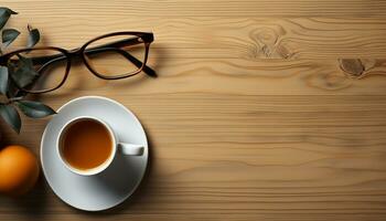 ai généré café tasse sur en bois bureau avec Frais vert feuille décoration généré par ai photo