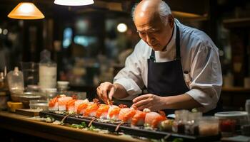 ai généré un homme cuisine gourmet Fruit de mer repas dans commercial cuisine généré par ai photo