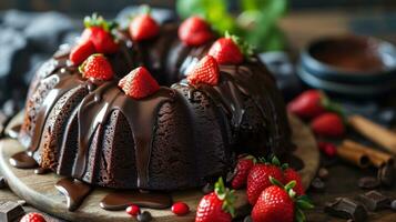 ai généré foncé Chocolat bundt gâteau avec ganache glaçage et fraise photo