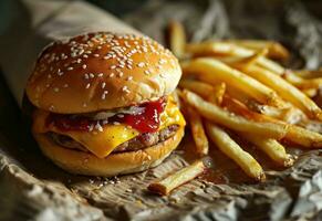 ai généré français frites sont mis sur une papier et cheeseburger photo