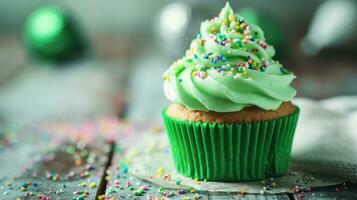 ai généré vert anniversaire petit gâteau avec copie espace photo