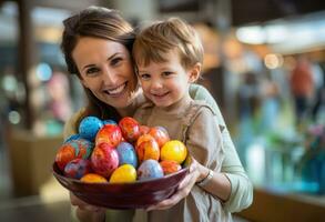 ai généré mère en portant panier de des œufs avec bébé enfant en portant il photo