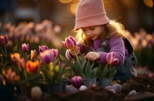 ai généré fille en jouant avec tulipes dans le jardin photo